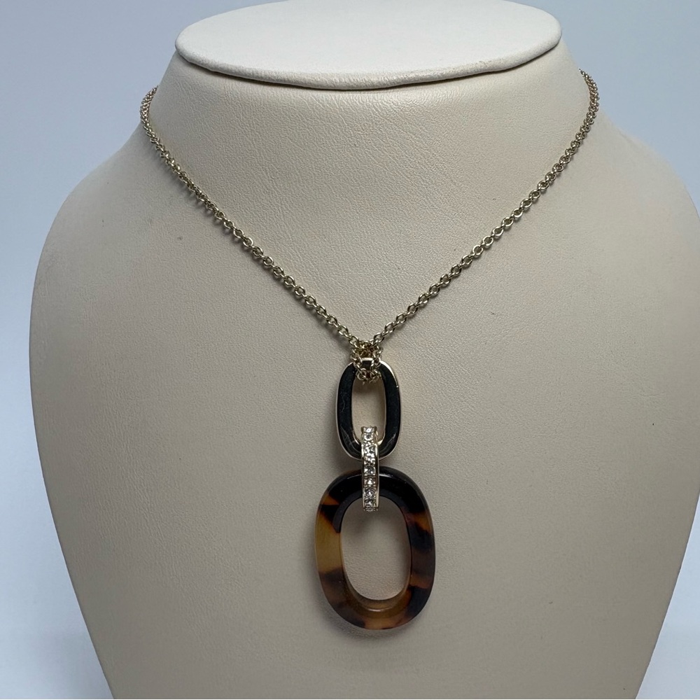 Ralph Lauren Gold Tone Faux Tortoise Crystal Link Pendant, New With Tags
